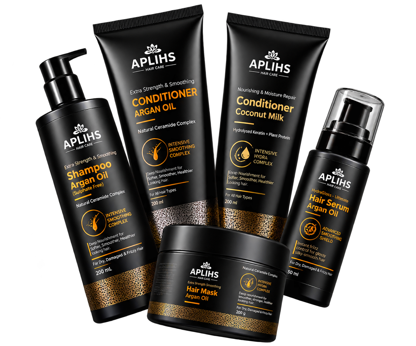 APLIHS black haircare collection with shampoo, Argan Oil and Coconut Milk conditioners, hair serum and hair mask