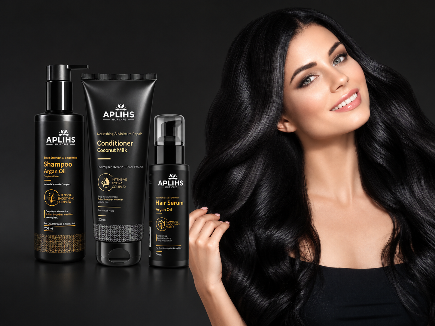Glossy hair with APLIHS Argan Oil shampoo, Coconut Milk conditioner and hair serum