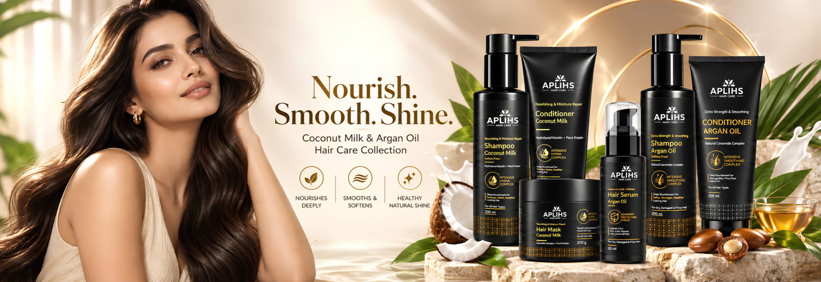 APLIHS Coconut Milk and Argan Oil hair care collection — nourish, smooth, shine.